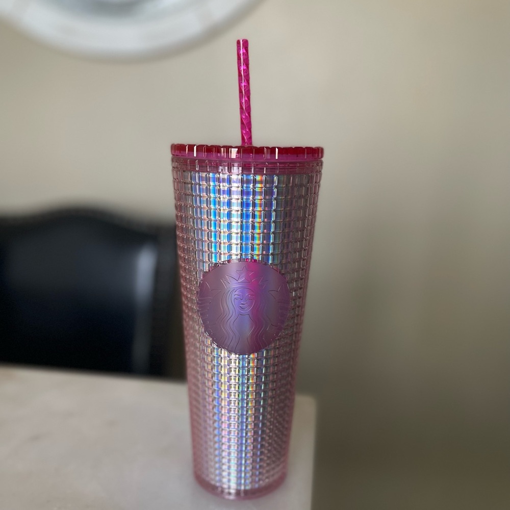 NWT Starbucks 2023 Iridescent Pink Silver “Bubblegum Grid” cold cup tumbler